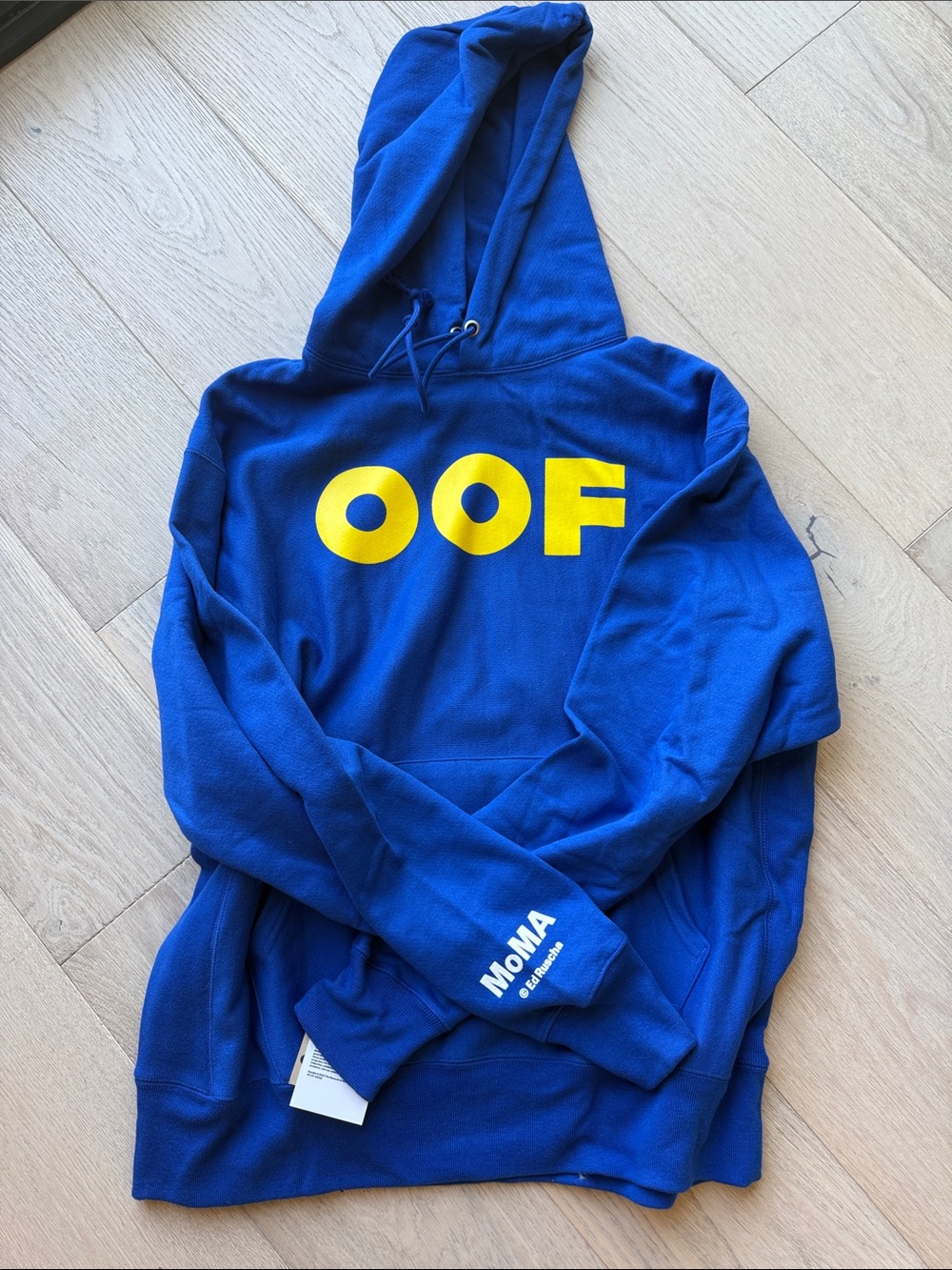 BNWT Blue "OOF" Ed Ruscha hoodie with MoMA Sleeve Logo size Large